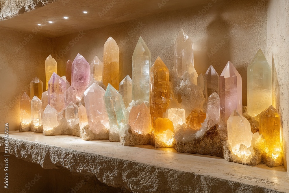 Aufkleber A mesmerizing display of illuminated crystal formations of various shapes and colors, emitting a pure, magical glow on a smooth surface resembling a shelf.