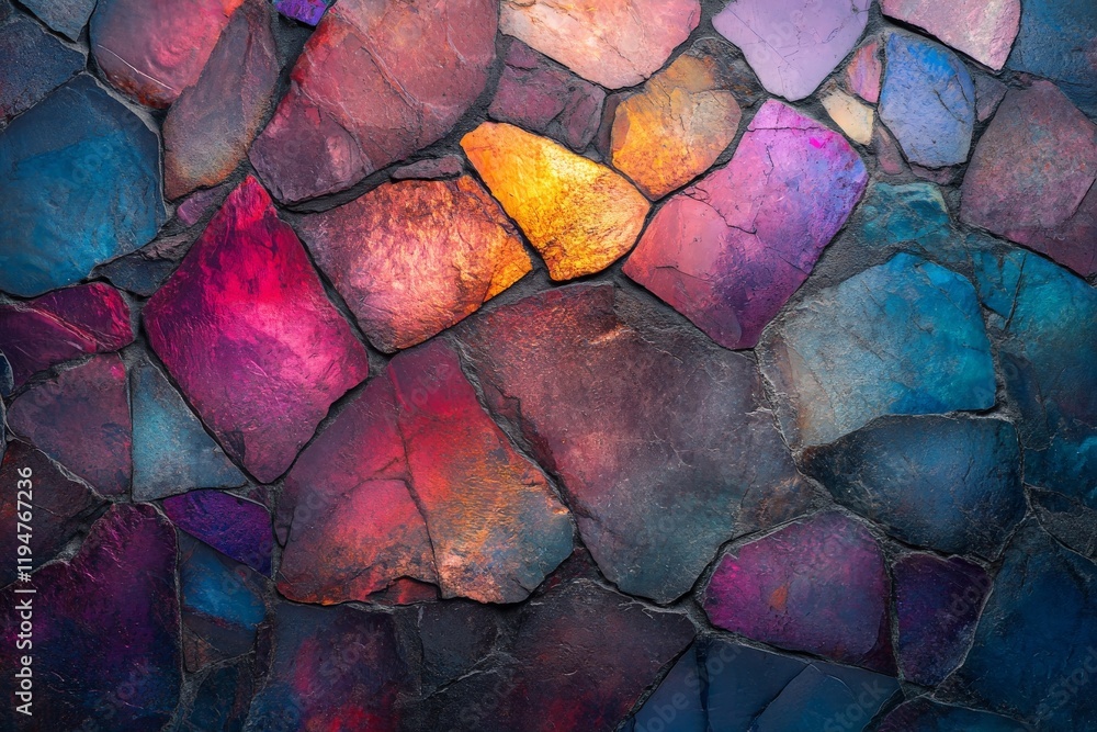 Poster an abstract mosaic composed of stones with a brilliant play of colors, creating a visually striking 