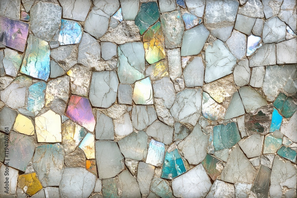 Poster Reflective mosaic of stones with shimmering iridescent hues that plays with light, creating a captivating visual effect of beauty and elegance in structure.