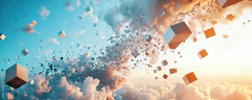 Poster abstract 3d cubes floating and disintegrating into pixelated clouds, futuristic and artistic, 4k pho