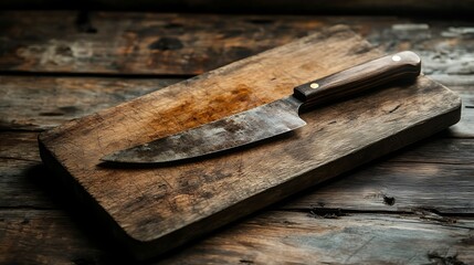 Wooden cutting board with a knife embedded rustic kitchen atmosphere