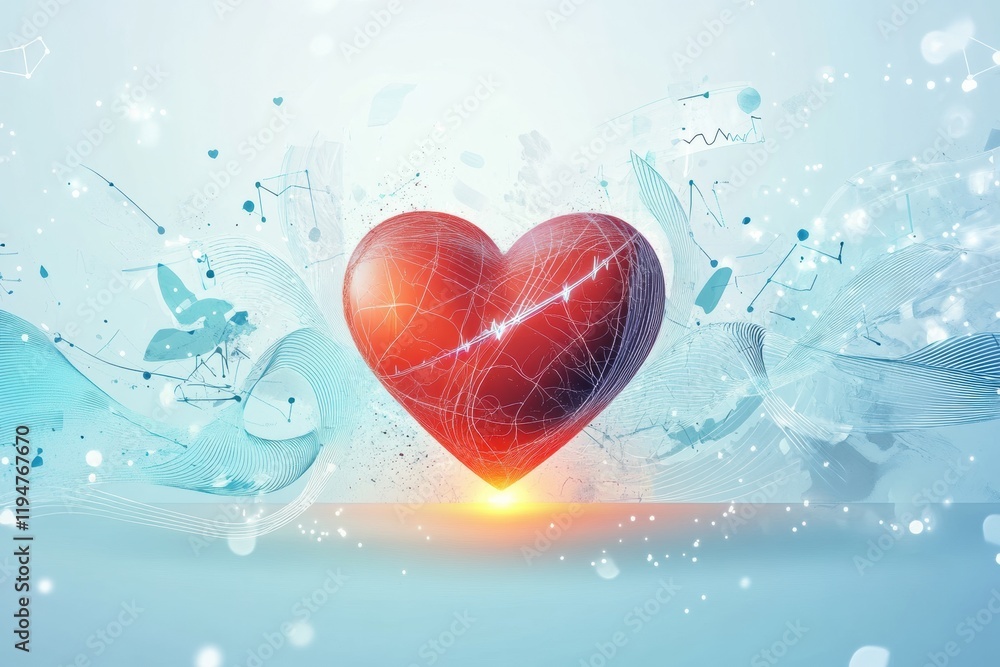 Poster Glowing red heart with dynamic cardiogram on abstract blue background depicting health and vitality. Generative AI