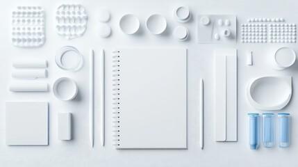 High-angle view of a conference table with blank notebooks, pens, and water glasses arranged neatly in a bright, minimalist office space.