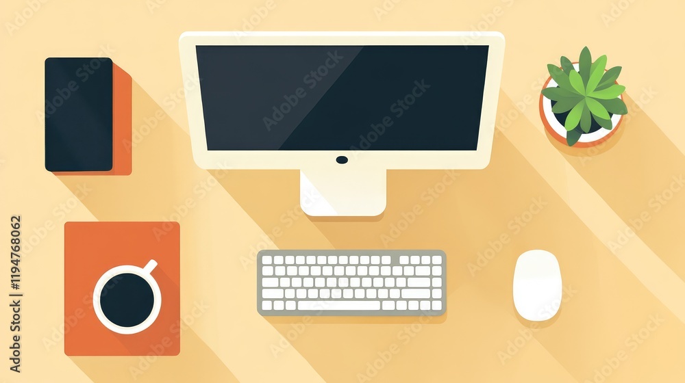 Poster high-angle view of a minimalist modern office desk with a computer monitor, wireless keyboard, and p