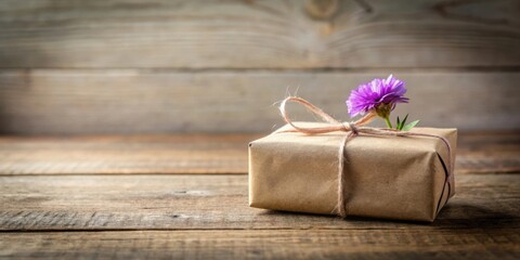 A thoughtfully wrapped gift adorned with a delicate purple flower rests on a rustic wooden surface.