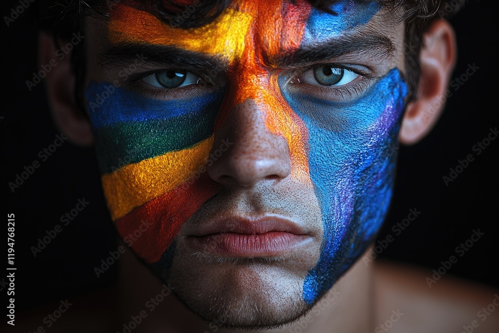 Poster a close-up shot of an individual with a colorful painted design on their face