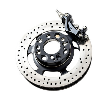 A pair of bicycle disc brakes with a steel rotor, resting on a surface, isolated on white background.