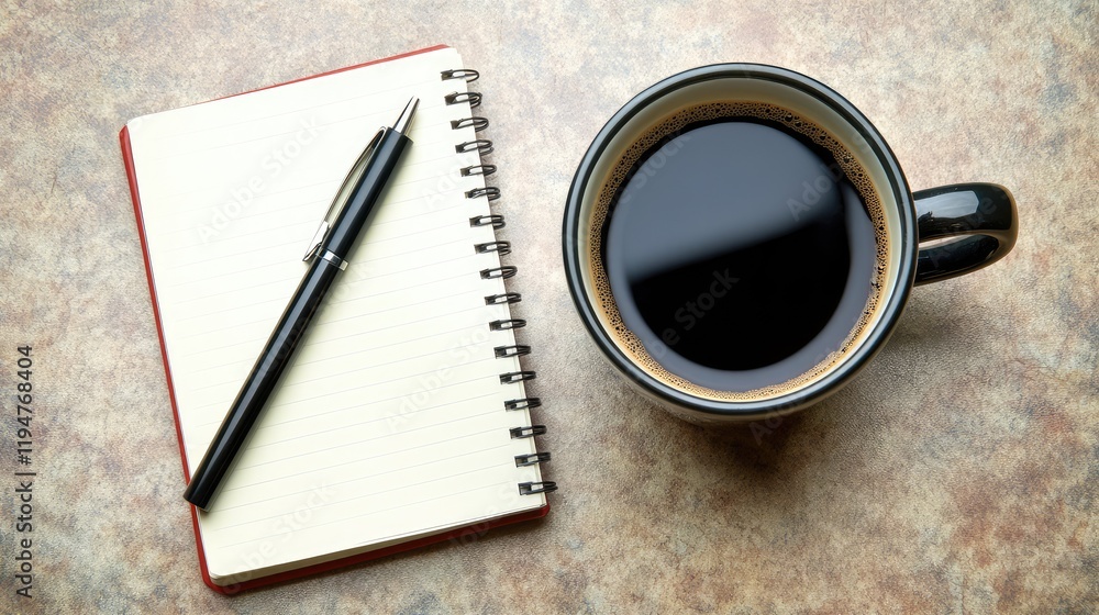 Poster high-angle view of a simple desk with a coffee mug, notebook, and pen, creating a minimalist and foc