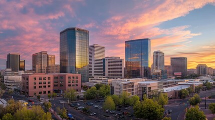 Fototapeta premium High-rise office buildings in a vibrant cityscape during sunset, with golden light reflecting off glass facades. Ample space for copy use.