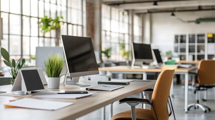 Fototapeta premium High-tech office setup featuring dual monitors, a tablet, and wireless gadgets on a minimalist desk. Plenty of copy space.