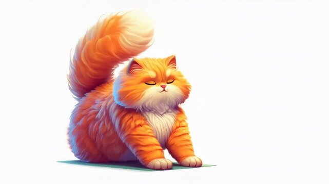 A red fat cat does yoga on a white background. Animals and sports.