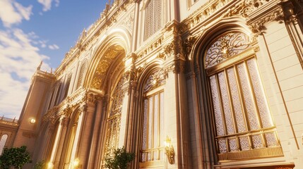 Ornate architectural facade illuminated by warm sunlight.