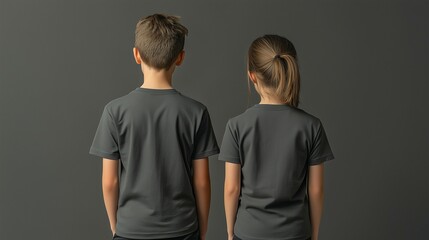 stand boy and short hair girl in semi dark grey t-shirts, full body, back view, posing for the camera on a gray background, studio shot