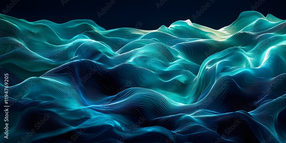 Poster waves of color undulate across a digital ocean landscape. generative ai