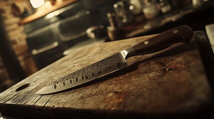 Knife blade inserted into a cutting board rustic kitchen setting