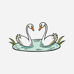 Naklejka premium A beautiful pair of light white and dark black swans on a pond. Romantic Isolated vector illustration