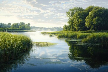 Obraz premium Tranquil riverside scene with tall grasses and soft sunlight serene riverbank nature landscape photography peaceful environment scenic viewpoint