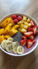 Refreshing acai bowl with fresh fruits kitchen food bright close-up healthy eating
