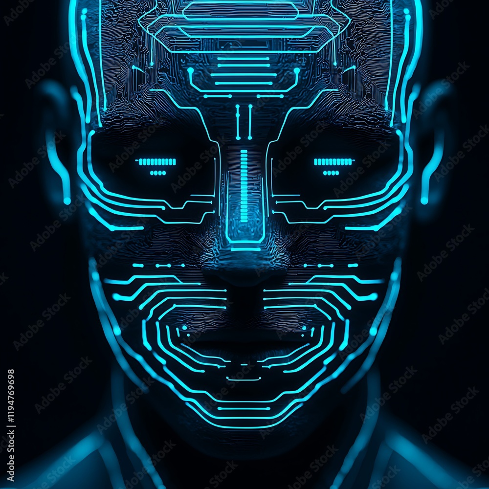 Poster a futuristic digital face composed of intricate circuits and glowing blue lines, representing advanc
