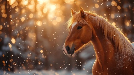 Winter horse with golden mane in snowy lights. Generative AI