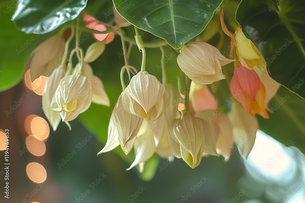 Poster A group of white flowers hang from a tree branch, creating a beautiful and natural display