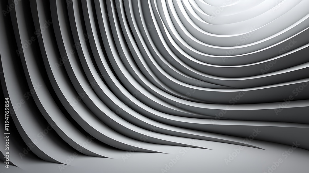Poster an abstract, wavy interior with layered surfaces that create depth and a sense of movement, illumina