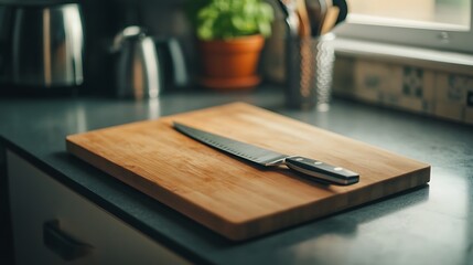 Wooden cutting board with a knife deeply lodged kitchen setup natural tones