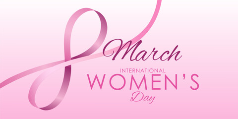 International women's day poster. March 8. Female symbol with tulips flowers and butterfly, heart, white flower, banner concept design on pink background. Typographic greeting card design. Vector