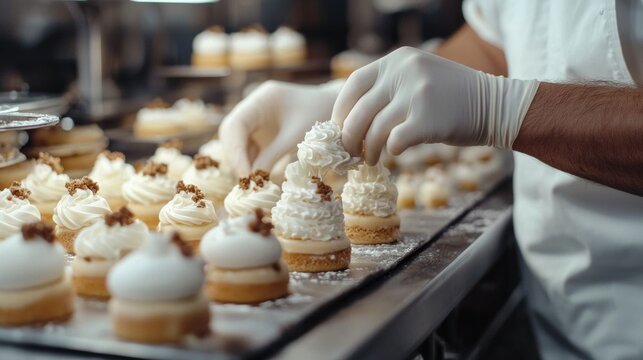 Hands clad in white gloves expertly position swirls of cream atop freshly baked pastries in a busy kitchen. The warm atmosphere is filled with sweet aromas and dedication
