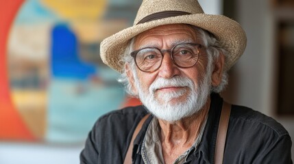 Thoughtful elderly man with glasses and straw hat poses warmly in front of a colorful abstract painting, showcasing wisdom and creativity in his expression