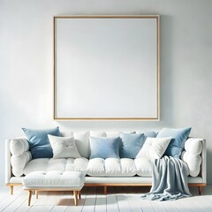 minimalist living room bathed in natural light from a large window. Frame mockup, Living room wall poster mockup. Interior mockup with house background. Modern interior design. 