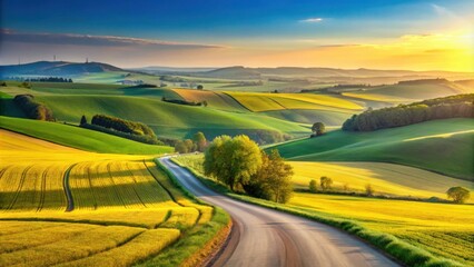 Obraz premium Serene Country Road Winding Through Rolling Hills of Vibrant Yellow and Green Fields at Sunset