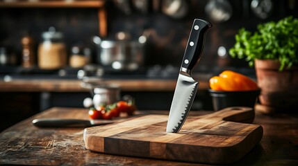 Knife blade standing upright in a cutting board rustic kitchen view