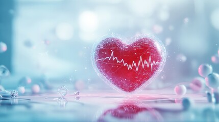 Fototapeta premium Glowing red heart with dynamic cardiogram representing health and vitality in a vibrant digital environment. Generative AI