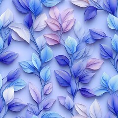 Seamless Pattern of 3D Flower and Leaf Embroidery with Papercut Style in Shades of Purple and Blue for Modern Design Projects