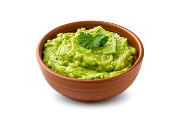 Mexican guacamole sauce in a simple brown bowl, topped with cilantro, isolated in a transparent background. Perfect for dipping or as a topping for various dishes. Ideal for food-related projects