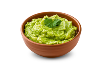 Mexican guacamole sauce in a simple brown bowl, topped with cilantro, isolated in a transparent background. Perfect for dipping or as a topping for various dishes. Ideal for food-related projects