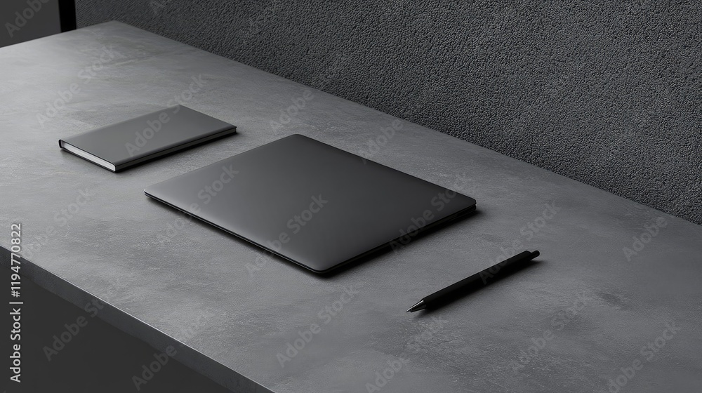 Poster minimalist desktop setup with a closed laptop, notebook, and pen on a smooth gray table, providing a
