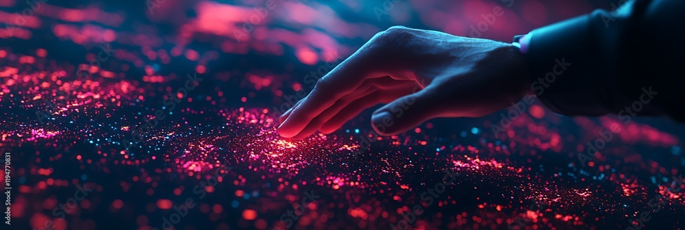 Poster a hand reaches out to touch a vibrant, glowing surface filled with intricate patterns of red and blu