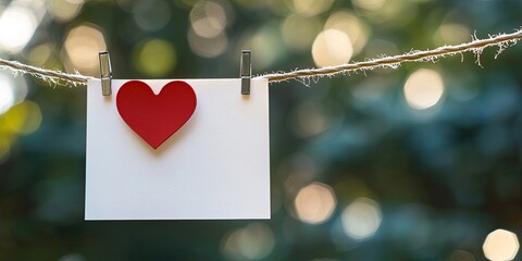 Blank white paper hanging from a clothesline with a red heart clip under a green bokeh background showcasing nature's soft colors and textures.