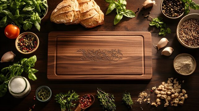 A beautifully arranged 3D illustration of a rustic-style cutting board with a customized engraving, surrounded by kitchen ingredients like fresh herbs and bread. The board’s rich wood tones 