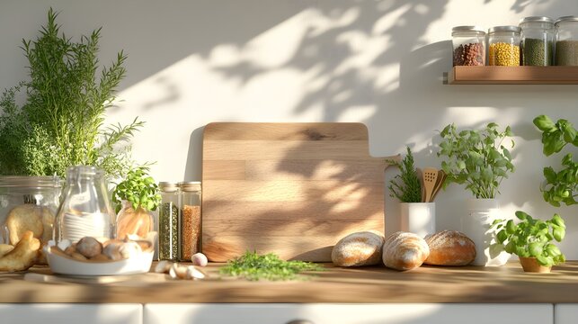 A beautifully arranged 3D illustration of a rustic-style cutting board with a customized engraving, surrounded by kitchen ingredients like fresh herbs and bread. The board’s rich wood tones 