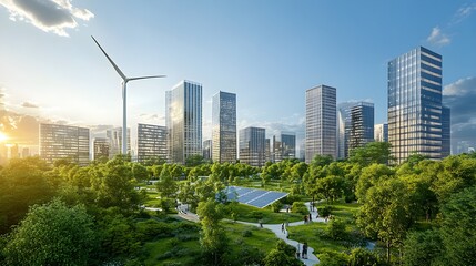 Fototapeta premium A city park surrounded by eco-friendly skyscrapers and powered by solar streetlights. The scene includes a wind turbine in the distance and people enjoying the outdoors, emphasizing a clean 