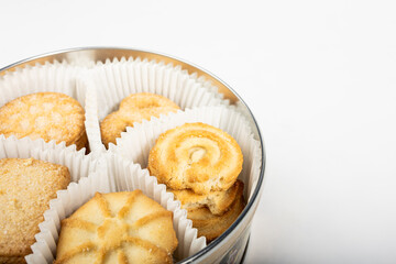 Danish shortbread cookies close-up in a tin box, Christmas cookies, cookies on a white background, isolate, catalog photo of cookies, holiday gift, pastries