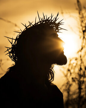 Silueta de Jesucristo con corona de espinas durante la pasi&oacute;n a contraluz