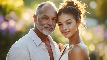 Happy couple enjoying a sunny day in a blooming garden. Generative AI
