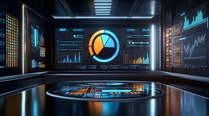 A digital dashboard showing a 2025 business plan overview with pie charts and graphs on strategy, resources, and growth projections, set against a modern office backdrop. 