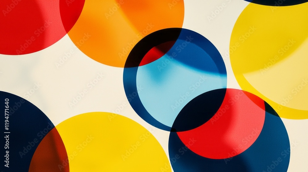 Poster overlapping circles in bright colors of red, blue, yellow, and orange blend together harmoniously ag