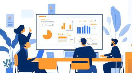 A digital whiteboard filled with competitor benchmarking charts, key strategy goals, and arrows pointing towards Business Plan 2025, while a team of professionals collaborates around a table, 