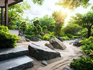 Serene zen garden experience tranquil nature setting landscape photography harmonious environment peaceful viewpoint concept of balance